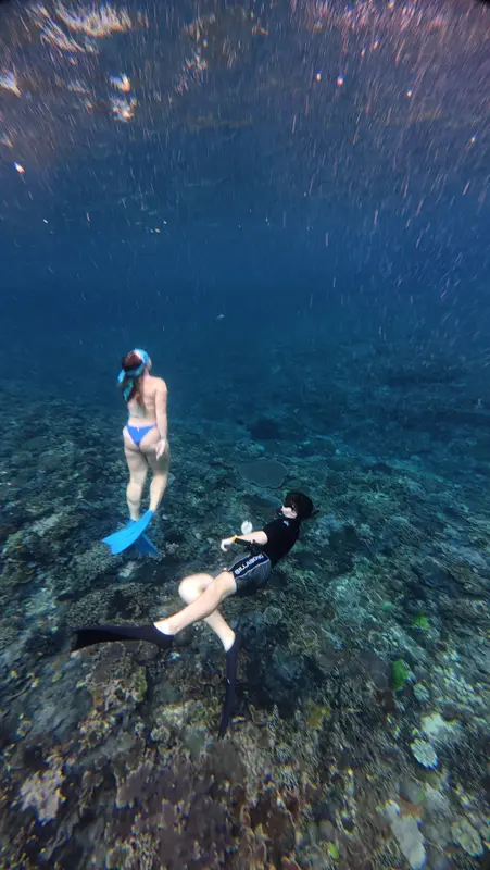 Snorkelers over the coral garden at Crystal Bay