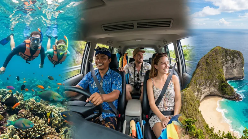 Three panels: snorkelers over a coral reef, a driver and two guests in a car on Nusa Penida, and the cliff at Kelingking Beach